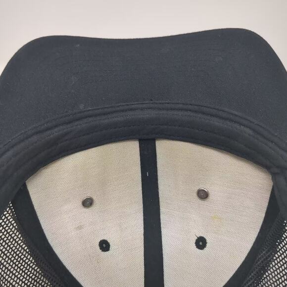 Yupoong Trucker Hat Black Brown Leather Patch Broken Bowl Catering OS Snapback - Picture 8 of 10